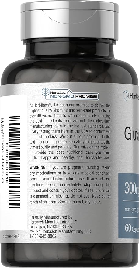 Horbaach Glutathione Supplement | 300mg | 60 Capsules | Non-GMO & Gluten Free | Reduced Form