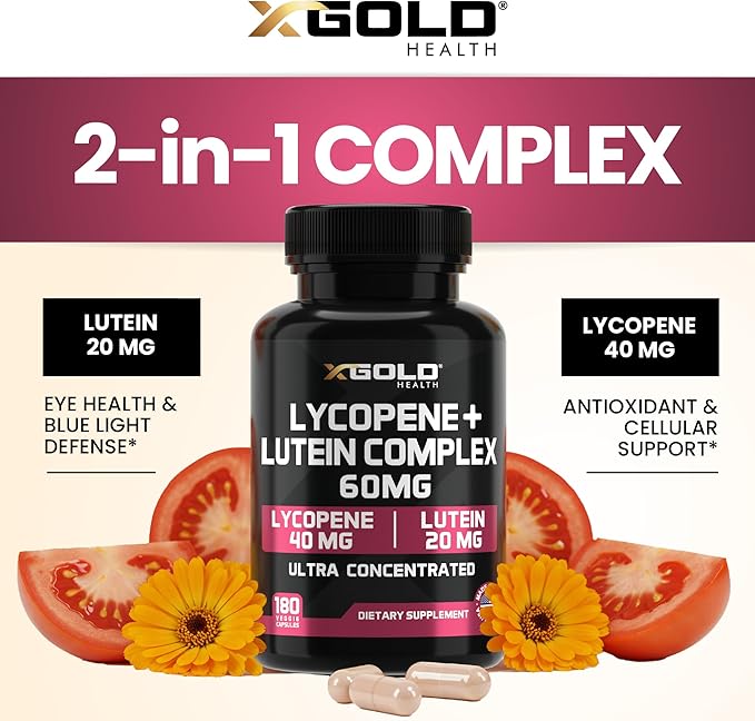 Lycopene + Lutein Supplement 60mg – 40mg Lycopene (Tomato Extract) + 20mg Lutein – Eye Health & Vision Support – Antioxidant for Skin & Cellular Health – Non-GMO, Vegan – 180 Capsules