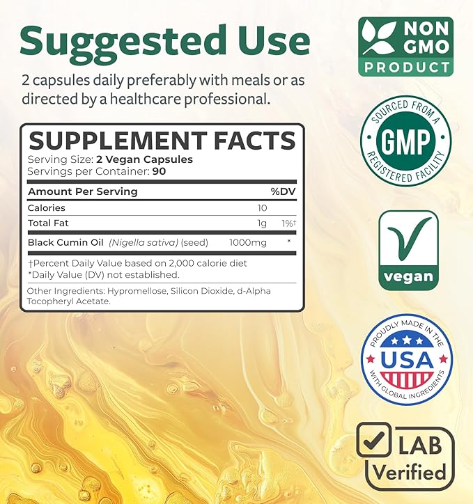 Black Seed Oil - 180 Softgel Capsules (Non-GMO & Vegan) Premium Cold-Pressed Nigella Sativa Producing Pure Black Cumin Seed Oil with Vitamin E - 500mg Each, 1000mg Per 2 Capsule Serving