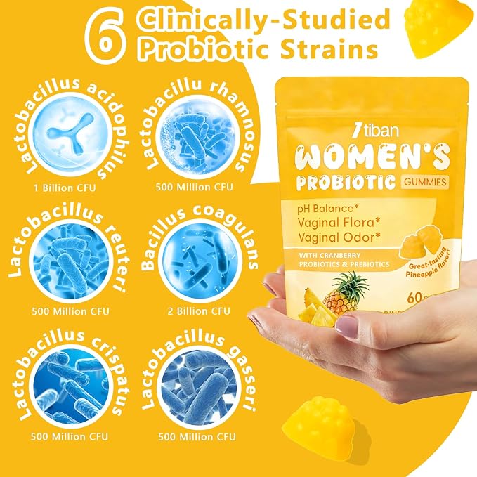 Vaginal Probiotics Gummies for Women, Premium Feminine pH Balance Gummies, Healthy Odor, Yeast Balance & Flora + Vitamin C for Immune Support, 60ct Pineapple Flavor