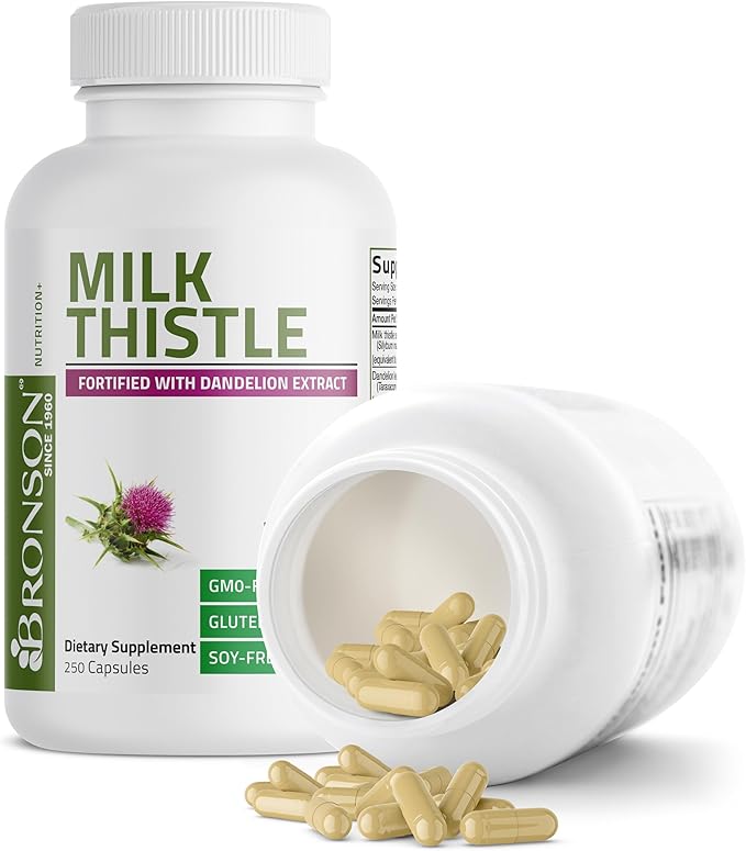 Bronson Milk Thistle Silymarin Marianum & Dandelion Extract Liver Health Support, Antioxidant Support, Detox, 250 Capsules