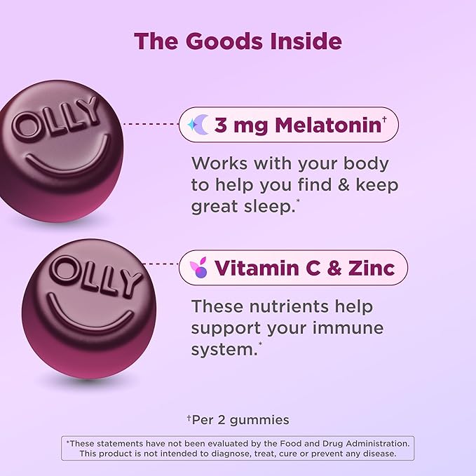 OLLY Sleep Immunity Melatonin Gummy, Vitamin C, Zinc, Echinacea, 3mg Melatonin, Immune and Sleep Support, Berry - 36