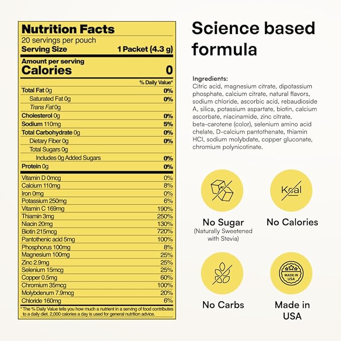KEY NUTRIENTS Electrolytes Powder Packets - Multivitamin Lemonade 20 Pack Hydration Packets - Travel Hydration Powder - Improved Refreshing Taste - Made in USA - No Sugar, No Calories, Gluten Free