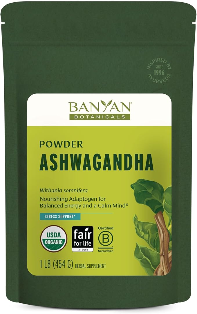 Banyan Botanicals Organic Ashwagandha Root Powder–1lb Bulk (504 Servings)Natural Cortisol Manager & Adrenal Support–Stress Relief, Better Sleep & Energy–Adaptogen for Smoothies & Moon Milk–Vegan,FFL*