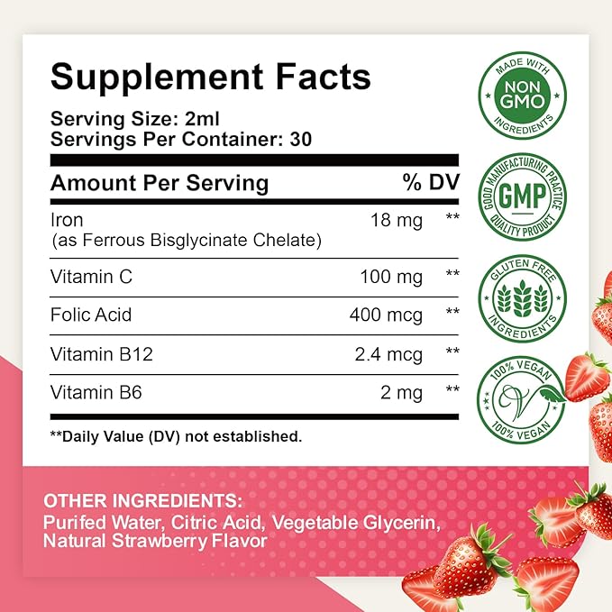 2 Pack Liquid Iron Supplement for Women, Men & Kids - Liquid Iron Drops with Folate, Vitamin C, B6, B12 for Anemia, Red Blood Cell, Energy Support - Strawberry Flavor