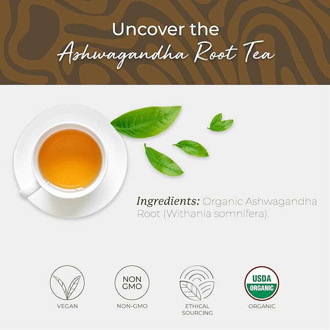 Starwest Botanicals Organic Ashwagandha Tea - Caffeine Free Herbal Tea, String Free Sachets, USDA Organic Ashwagandha Root, Non GMO - 20 Bags