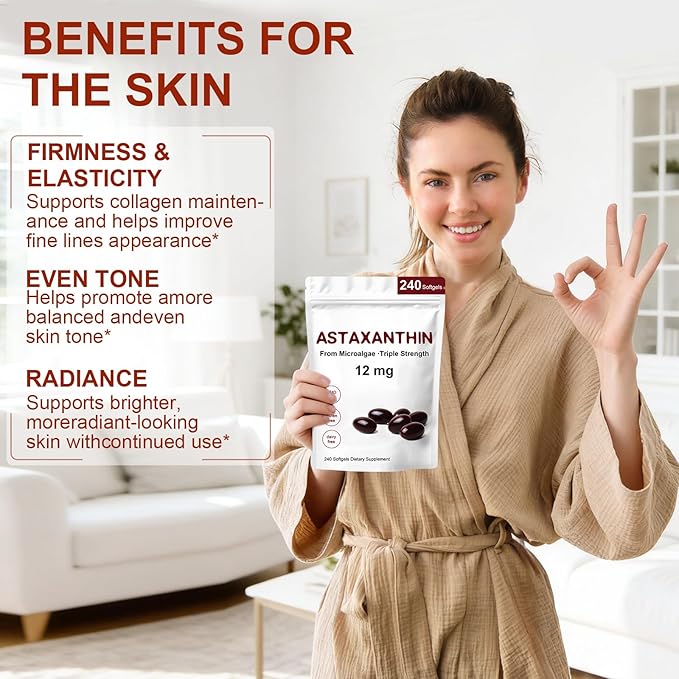 Astaxanthin 12mg, Premium Astaxanthin Antioxidant Supplements with Antioxidant Activity, Supports Eye, Immune, Skin Health, Internal Circulation-240 Softgels