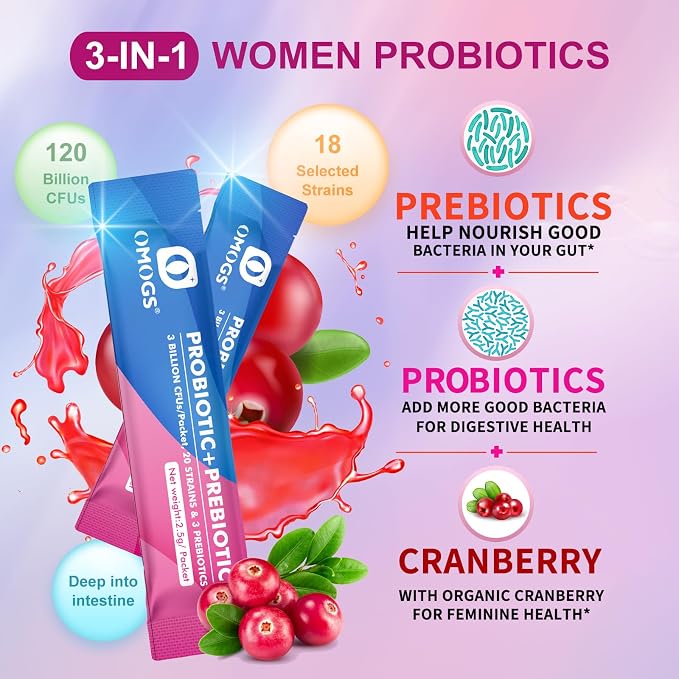 OMOGS Women's Probiotic,120-Billion-CFUs, 18 Strains, with 3 Prebiotics and Cranberry Extract, Help for Immune Booster, Digestive Health, Gut Health and Vaginal Health