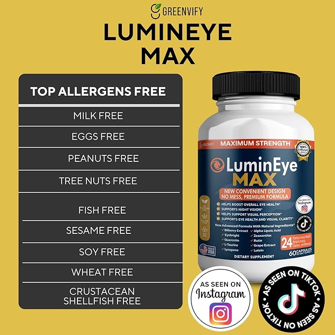 LuminEye MAX Eye Health Supplement, 60 Veggie Capsules, with Lutein, Bilberry Extract, 24 Premium Ingredients, Maximum Strength Vision Support (2)