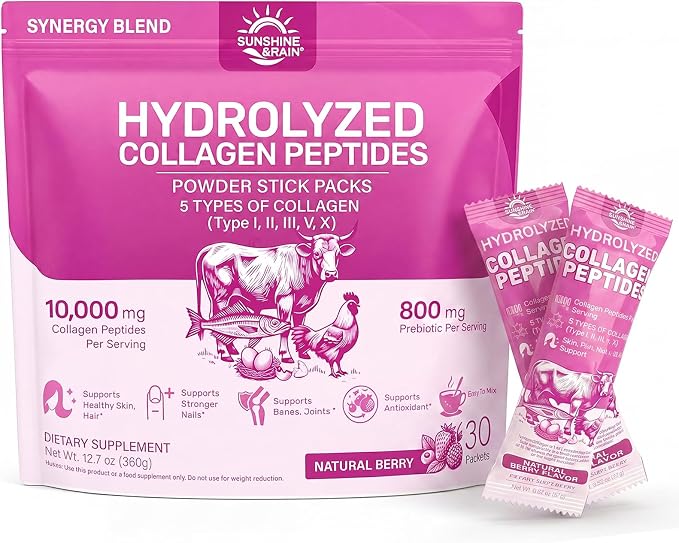 Multi Collagen Peptides Powder for Women – 10g Hydrolyzed Collagen Type I, II, III, V & X with Biotin, Hyaluronic Acid & Prebiotics | Hair, Skin, Nail & Bone Support | Berry Flavor | 30 Stick Packs