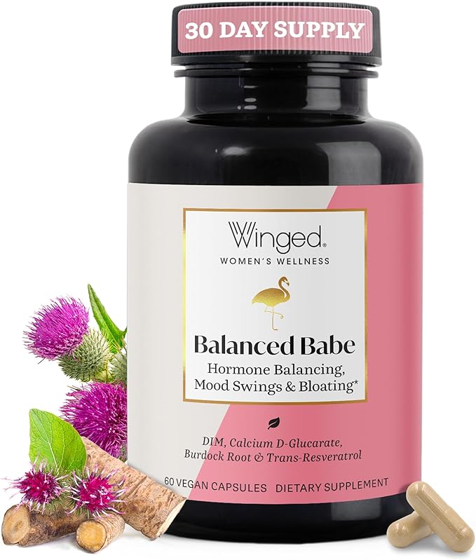 Winged Wellness Balanced Babe, Hormone Balance & Estrogen Detox Supplement for Women - 100mg DIM & Milk Thistle for PMS Bloating, Cramps, Mood, Hormonal Acne, & PCOS Support, 60 Capsules