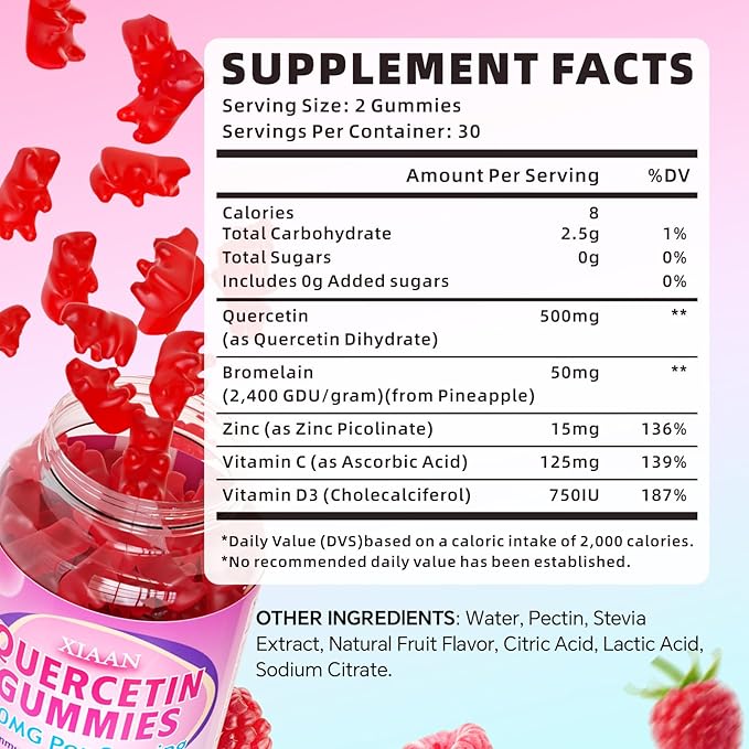 Quercetin Gummies 500mg for Kids & Adults, Organic Quercetin Supplements with Bromelain Zinc Vitamin C and D3 Support Antioxidant & Immune System Health, Strawberry Flavor 120 Count