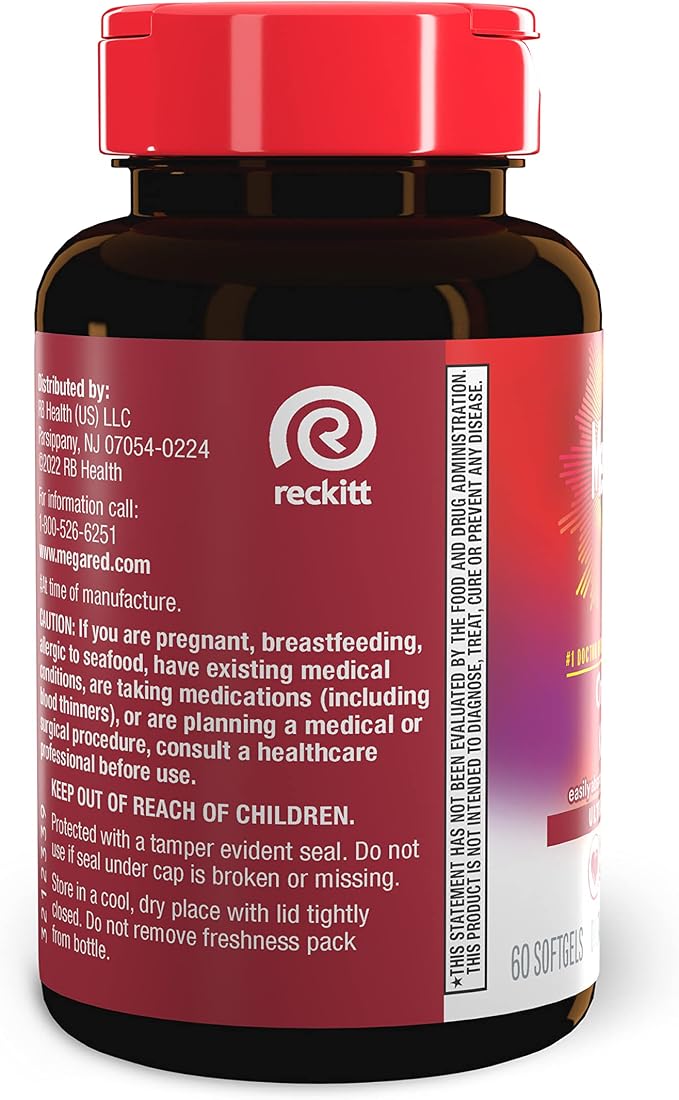MegaRed Ultra Strength 1000mg Omega-3 Krill Oil Supplement with EPA/DHA, Astaxanthin & Phospholipids, No Fish Oil Aftertaste Supports Heart, Brain, Joint and Eye Health, 60 Count Softgels.