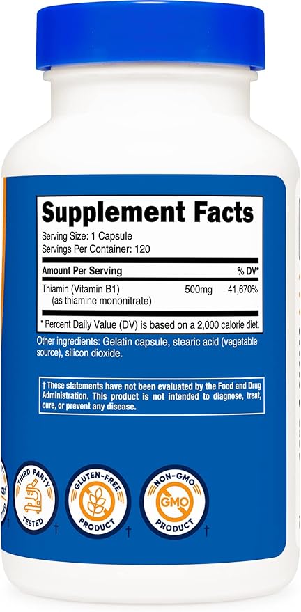 Nutricost Vitamin B1 (Thiamin) 500mg, 120 Capsules (3 Bottles)
