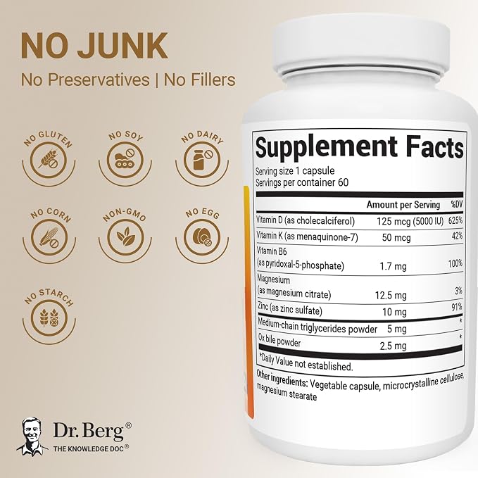 Dr. Berg Maximum Strength 2-in-1 Vitamin D3 K2 5,000 IU | Naturally Derived D3 | 4X Lab-Tested & Verified | High Absorption Formula | K2 D3 Vitamin Supplement - 60 Capsules