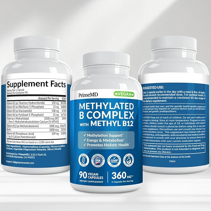 Methylated B Complex with Methylfolate and B12 Methylcobalamin 1000 mcg - Methylated Multivitamin for Energy, Brain Function, and Wellness - Vitamin B Complex for Men & Women (180 Servings, Pack of 2)