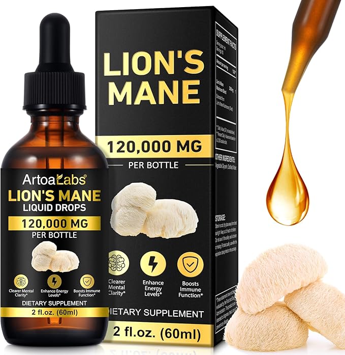 Lions ManeMushroom Drops – Brain Supplement 120,000 MG, Memory Focus & Immunity Vitamins, Plant Extract 2Oz