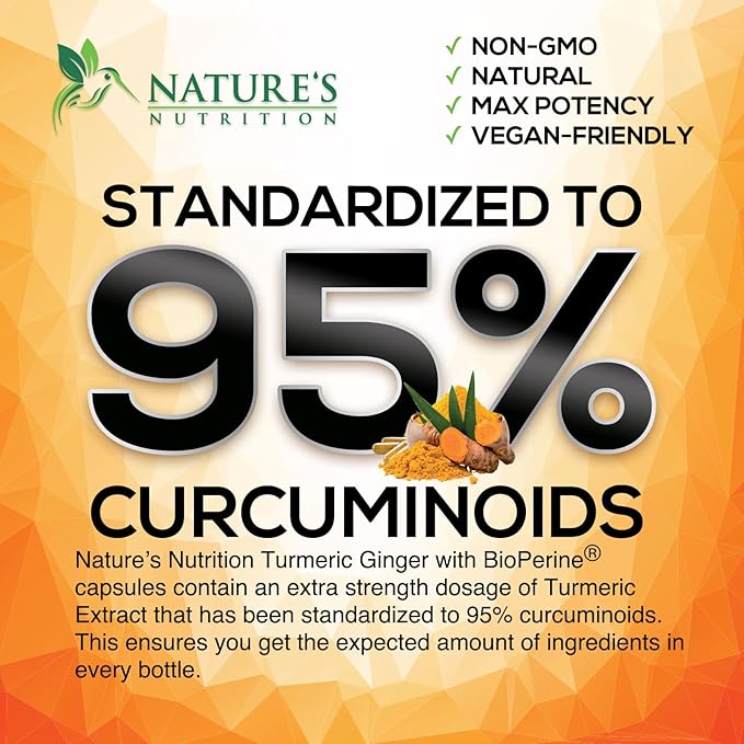Turmeric Curcumin Supplement - 2000mg Organic Turmeric Per Serving - 95% Curcuminoids, Ginger & BioPerine Black Pepper for Best Absorption - Natural Vegan Joint Support, Bottled in USA - 60 Capsules