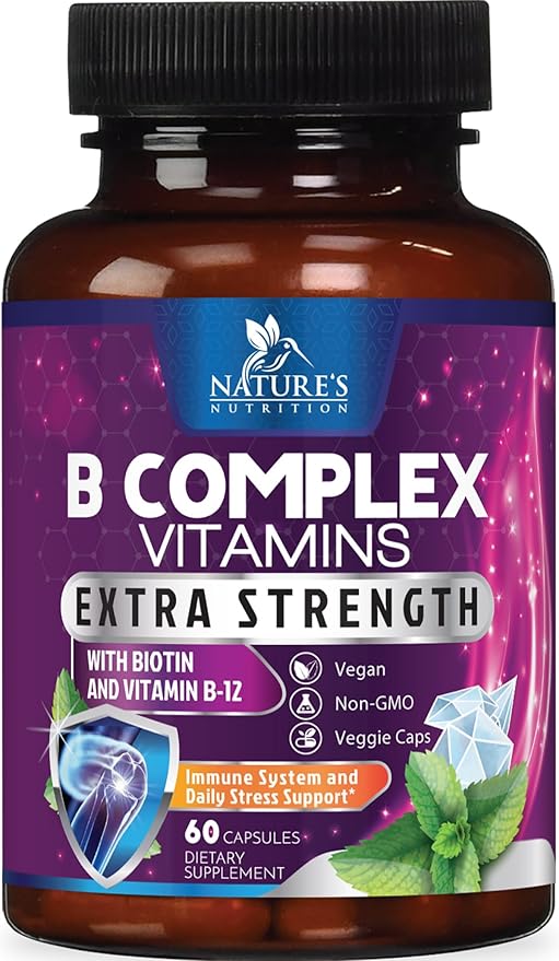B Complex Vitamins Capsules - Super Complete B-100 Complex with Vitamin B12 B6 C Biotin Folate & Folic Acid for Immune & Energy Support - Supplement for Heart, Brain, & Nerve Support - 60 Capsules