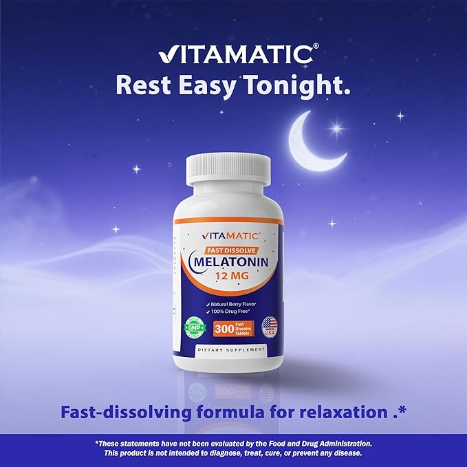 Vitamatic Melatonin 12 mg – Natural Berry Flavor – 300 Fast Dissolve Tablets – Formulated by Healthcare Professionals – Non-GMO, Gluten Free