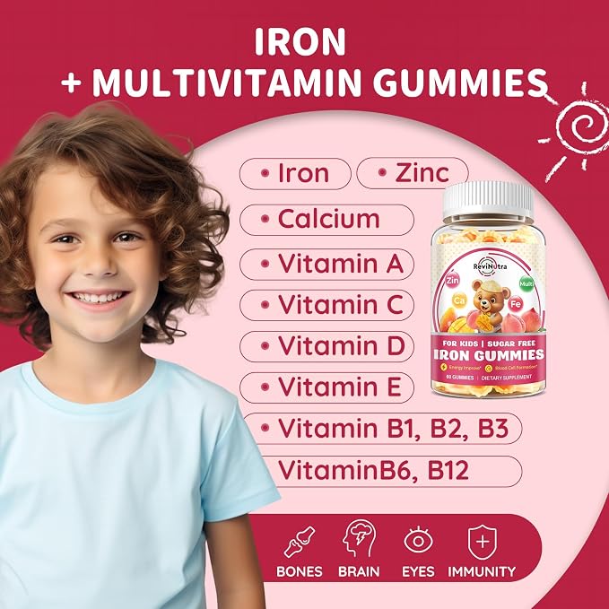 Iron Supplement Gummies for Kids - with Calcium, Zinc, Kids Multivitamin with Iron Gummies - Immune Support, Blood Builder & Energy Support for Iron Deficiency, Anemia, Peach & Mango Flavor, 60 Count