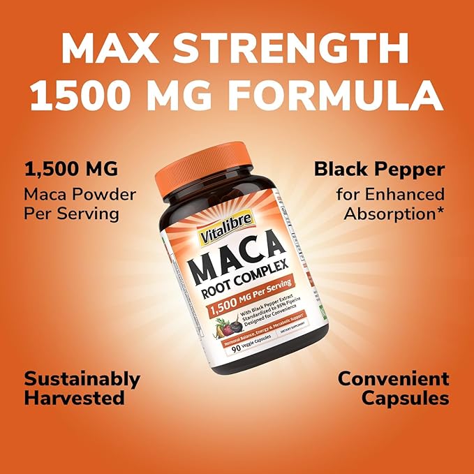 Maca Root Capsules for Women & Men, 1500 mg Maca Root Per Serving, with Black Pepper for Max Absorption, 95% Piperine, Vitality, Mood, Metabolic Support, 90 Capsules