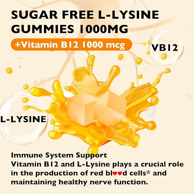 L-Lysine Gummies 1000mg - L-Lysine Supplements for Kids and Adults - Lip and Cold Sore* Support for Women - Chewable Lysine Gummies with Vitamin B12 - Vegan, Non GMO, Gluten-Free, 60 Counts