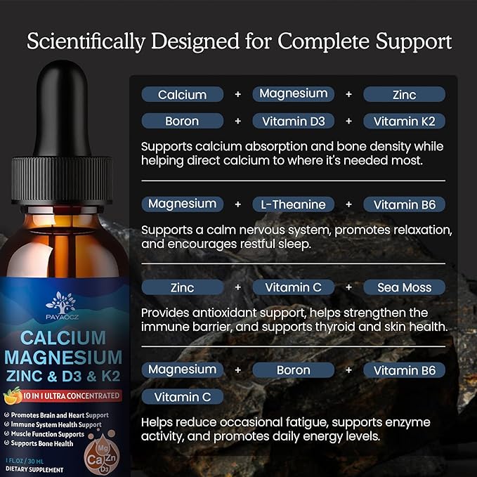 (2 Pack) 10 in 1 Magnesium Calcium Zinc Supplement with Vitamin C D3 K2, Glycinate Mag Vegan Liquid Drops Plus L-Theanine Boron Sea Moss Extract, Bone & Immune Support, Orange Flavor, 1 Fl Oz