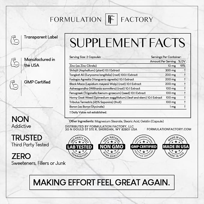 Formulation Factory Self Obsessed Masculine Vitality & Testosterone Support - 10-in-1 Complex with Shilajit, Tongkat Ali, & Fadogia Agrestis - 60 Capsules, 1 Month Supply
