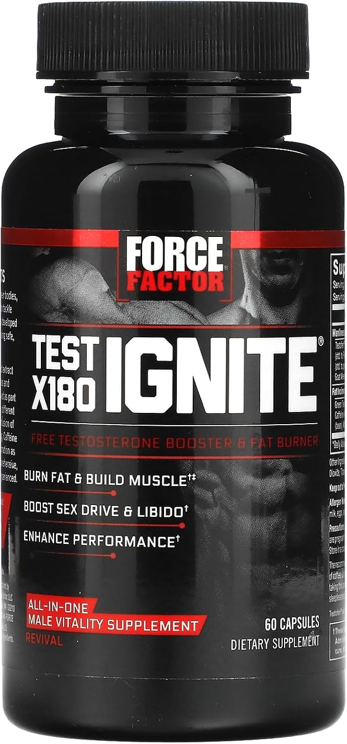 Force Factor Test X180 Ignite Total Testosterone Booster for Men with Fenugreek Seed and Green Tea Extract to Build Lean Muscle, Boost Energy, and Improve Performance, 60 Count