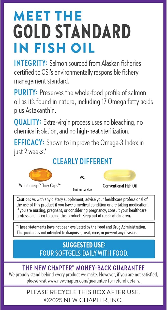 New Chapter Wholemega Fish Oil Supplement, Tiny Capsules, 2000mg per Serving, Clinically Proven Wild Alaskan Salmon Oil with Omega-3 + Vitamin D3 + Astaxanthin, 500mg Each - 90 Count