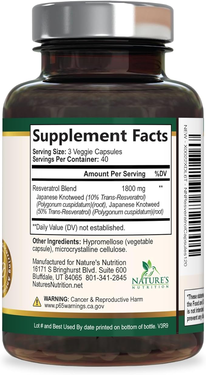 Resveratrol Supplement - 1800mg Per Serving Extra Strength Resveratrol Blend - Antioxidant Blend for Healthy Aging, Heart Health, Cellular Energy & Immune Support - Bottled in USA - 120 Capsules