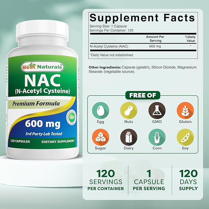 Best Naturals NAC - N Acetyl Cysteine 600 mg 120 Capsules - n Acetyl cysteine - Powerful antioxidant