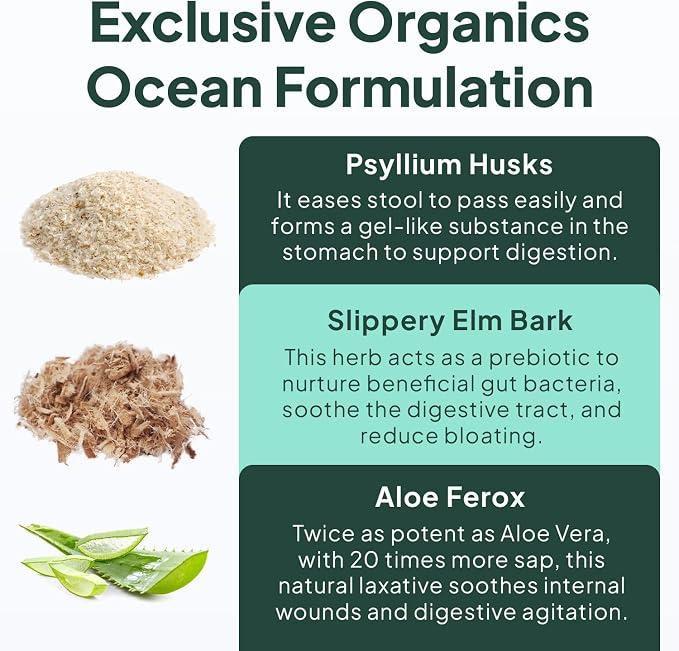 Organics Ocean Better Fiber - Daily Fiber Supplement - Soften Stool for Effortless Bowel Movements - with Psyllium Hulk and Slippery Elm - 3 Bottles