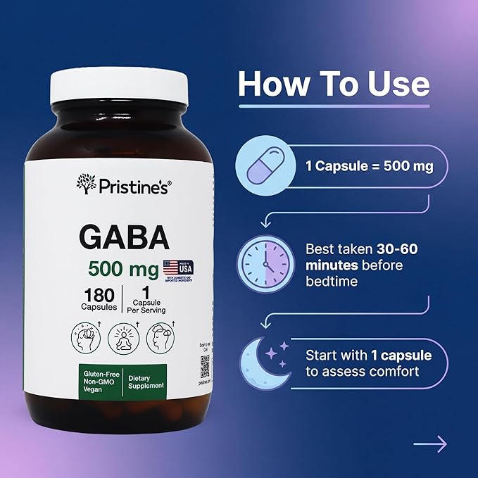 PRISTINE'S GABA 500mg Sleep Quality Support Supplement - 180 Day Supply - Calm Mind & Relaxation Sleep Support Capsules Glass Bottle