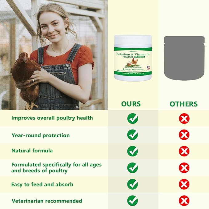 Selenium and Vitamin E Powder for Chickens, Selenium for Chickens, Immune System, Muscle Support & Prevents, Improve Wry Neck, Selenium, Vitamin E Supplements, Suitable for All Poultry, Chicken & More