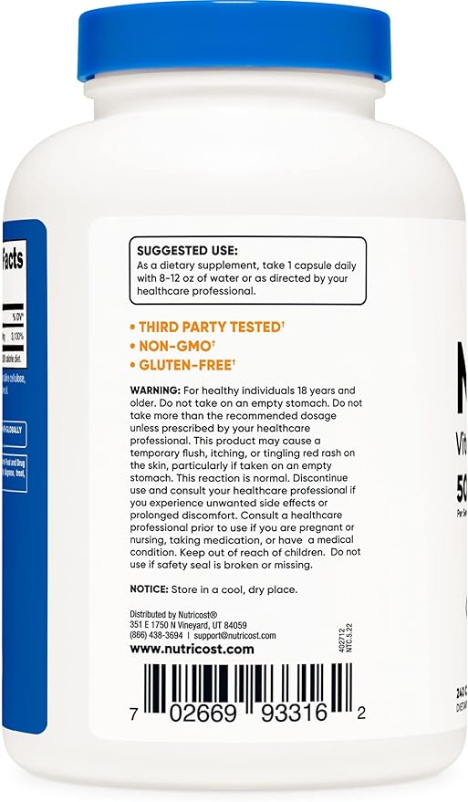 Nutricost Niacin (Vitamin B3) 500mg, 240 Capsules (3 Bottles) - Niacin Flush
