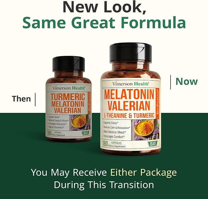 Melatonin 3mg Sleep Aid with L-Theanine & Valerian Root – Turmeric Curcumin Supplement with Ginger & Black Pepper – Organic Turmeric Supplement for Sleep, Calm and Stress Relief Support – 180 Capsules