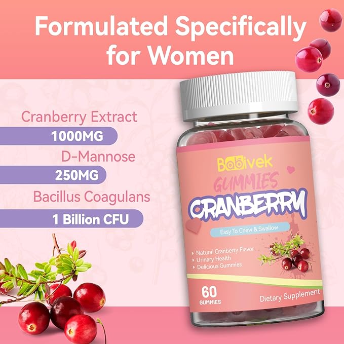 Cranberry Gummies 1000mg, Supplements for Women, with D-Mannose 250mg, Womens Probiotic Gummies, Urinary Tract Health, Cranberry Flavor, NO GMOs, 60 Count