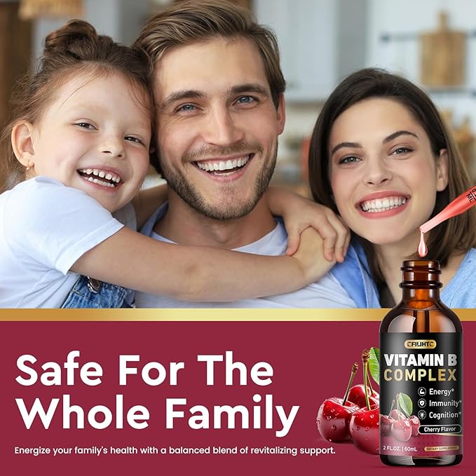 CFILIHTC Vitamin B Complex Liquid Drops, B Vitamins Complex Supplement with B1, B2, B3, B5 B6, B7, B9 & Methyl B12 Drops for Adults & Kids, Vegan, Cherry Flavor