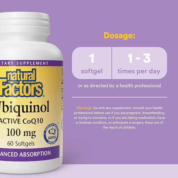 Natural Factors Ubiquinol 100 mg - Supports Heart Health & Natural Vitality - Antioxidant Support Supplement with Superior Absorption - Energy Support with Flaxseed Oil - 60 Softgels (60 Servings)