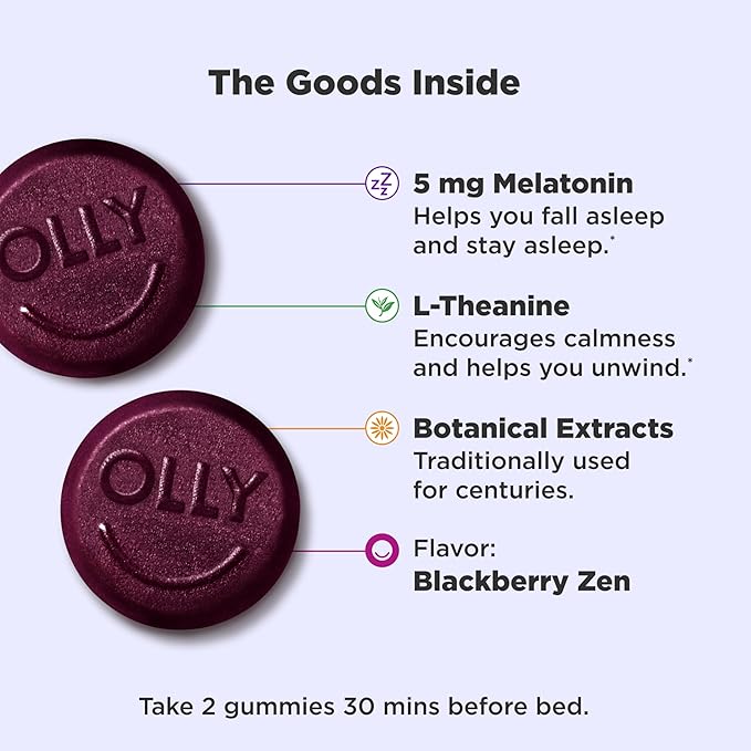 OLLY Extra Strength Sleep Gummy, Occasional Sleep Support, 5 mg Melatonin, L-Theanine, Chamomile, Lemon Balm Extracts, Sleep Aid, Blackberry Flavor - 70 Count (Packaging May Vary)