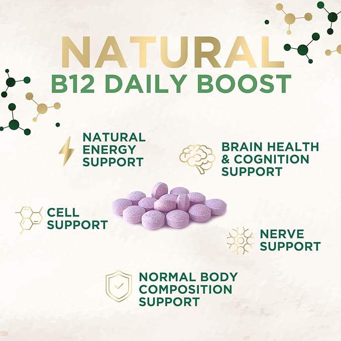 Vitamin B12 - 1000 mcg Per Serving Maximum Strength Methylcobalamin B-12 Chewable Tablet - Energy, Nervous System & Brain Support - Fast Dissolve, Gluten-Free, Non-GMO for Women & Men - 60 Tablets