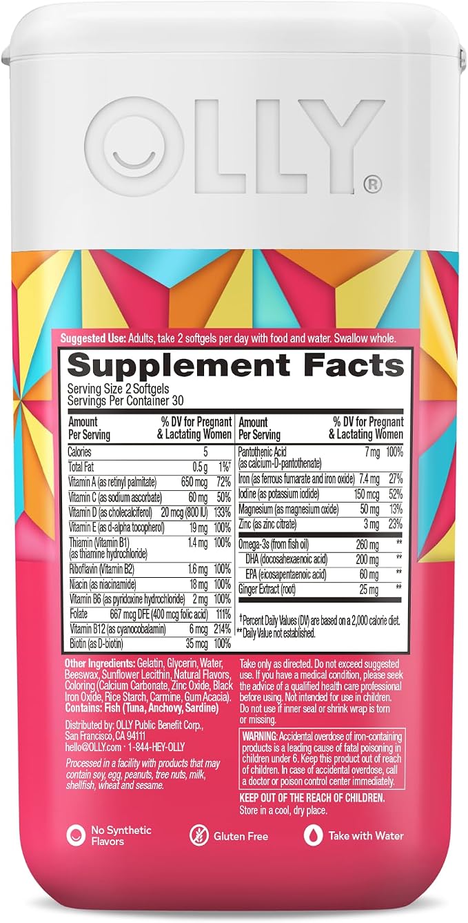 OLLY Ultra Strength Prenatal Multivitamin Softgels, Supports Healthy Growth, Brain Development, Iron, Folic Acid, DHA, Vitamins C, E, 30 Day Supply-60 Count (Pack of 2)