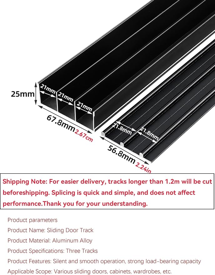 Adjustable Triple Rail Sliding Door Hardware Kit for 3-Panel Closets - Heavy-Duty Aluminum Track Set (220cm/86.6in) - Easy Installation, Recessed Mounting Solution