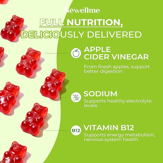 NEWELLME ACV Gummies with the Mother & B12 – Sugar-Free, Great-Tasting Vegan Gummies for Digestion, Metabolism & Daily Energy Support, 60 Count
