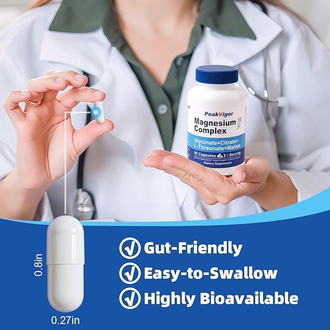 5 in 1 Magnesium Complex, 976mg Complex with Magnesium Glycinate, Citrate, Malate & L-Threonate, Vitamin B6 for High Absorption, Third Party Tested, Gluten-Free, Easy-Swallow Vegan Capsule
