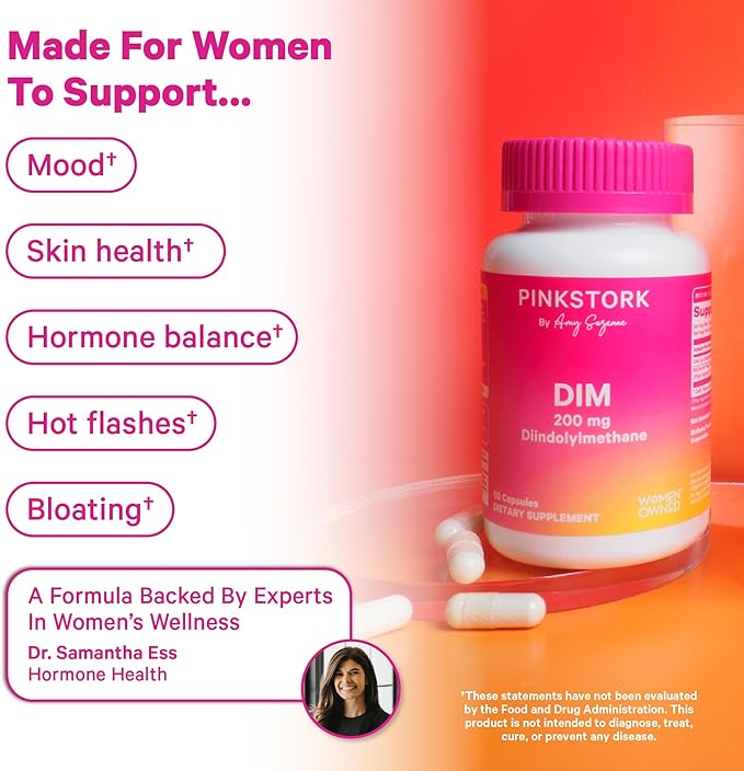 Pink Stork DIM Supplement for Women - Estrogen and Hormone Balance for Menopause, Perimenopause & PMS - DIM 200 mg Plus BioPerine for Mood Support - 60 Day Supply