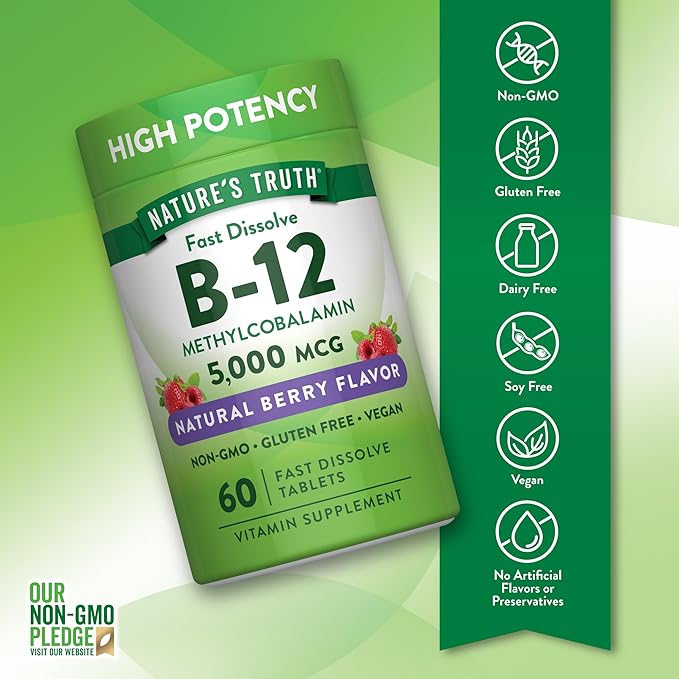 Nature's Truth B12 Vitamin 5000 mcg | 60 Tablets | Fast Dissolve Natural Berry Flavor | Vegan, Non-GMO & Gluten Free Supplement