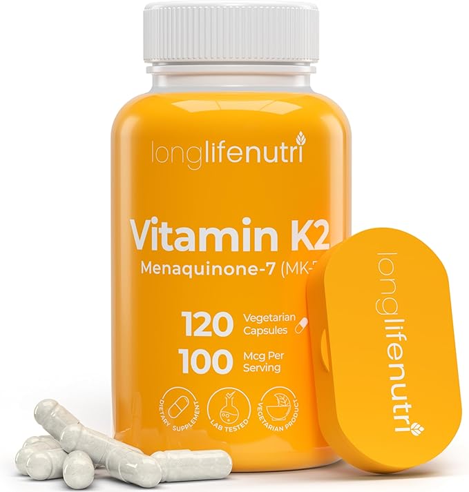 LongLifeNutri Vitamin K2 MK-7 100mcg – Nutrient Support for Bones and Circulation, 120 Vegetarian Capsules, 4-Month Supply, Lab Tested, Made in the USA, Non-GMO